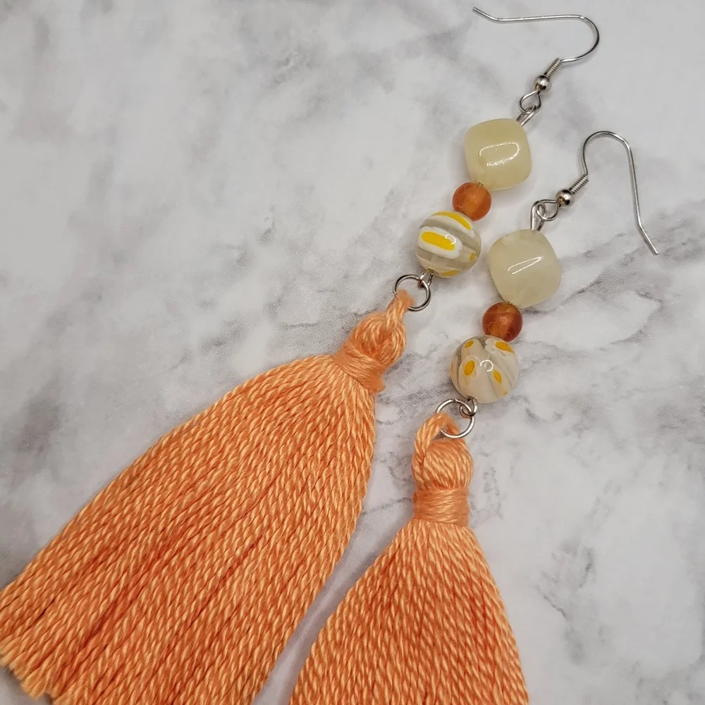 Handmade Tassel Earrings Peach Yellow Orange Glass Bead Boho Hippie Chic